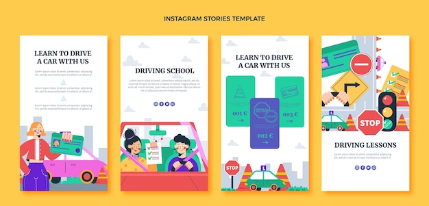 Plik wektorowy płaska konstrukcja historii szkoły jazdy na instagramie