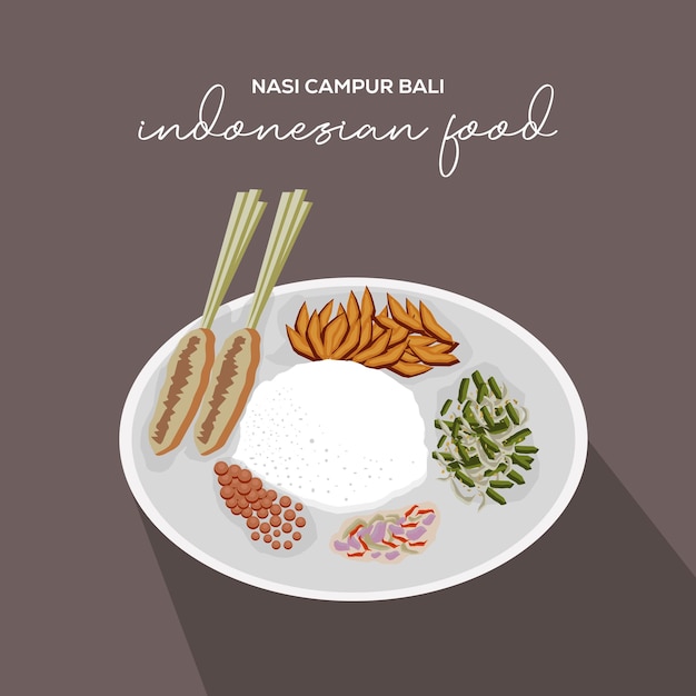Płaska Konstrukcja Indonezyjskie Jedzenie Nasi Campur Bali Ilustracji Wektorowych