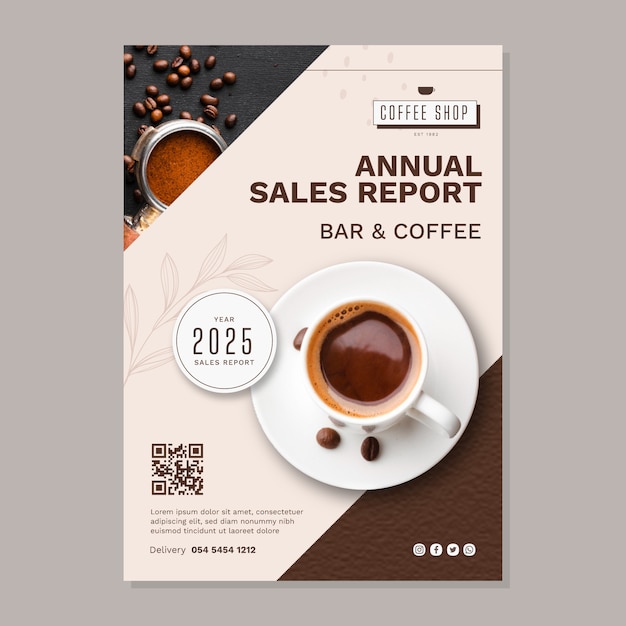 Plik wektorowy płaska konstrukcja minimalistycznego szablonu raportu rocznego kawiarni