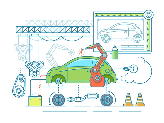 Plik wektorowy płaska konstrukcja montażu pojazdu. produkcja samochodów wg rysunku.