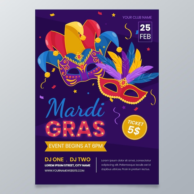 Plik wektorowy płaska konstrukcja szablonu plakatu mardi gras