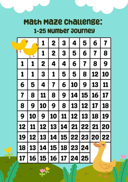 Płaska konstrukcja wektor matematyka labirynt puzzle numery plakat do wydrukowania fiszki dla aktywności dzieci
