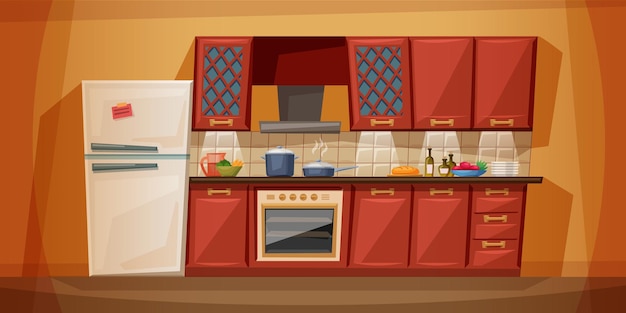 Plik wektorowy płaska kreskówka kuchni z meblami. przytulne wnętrze kuchni z kuchenką, szafką, naczyniami i lodówką.