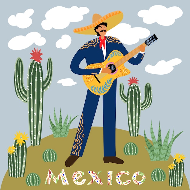 Płaska Kreskówka Meksykańskiego Mężczyzny Grającego Na Gitarze W Sombrero Na Tle Nieba Z Chmurami Otoczonymi Kaktusami I Sukulentami