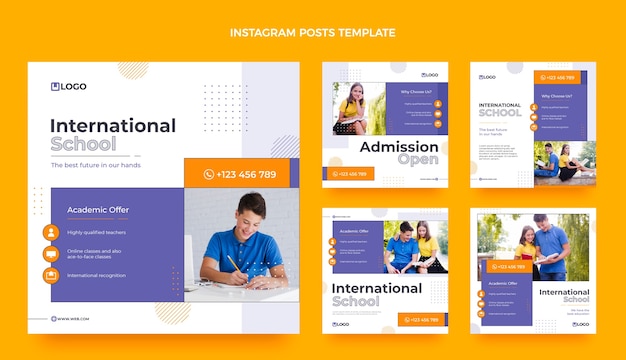Płaska minimalna międzynarodowa kolekcja postów na instagramie szkolnym