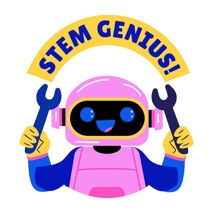 Wektor płaska naklejka robota badawczego z typografią geniusza