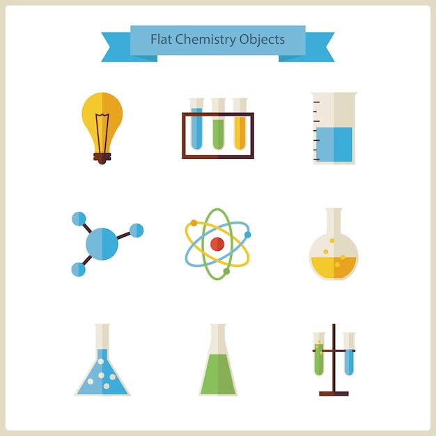 Płaska Szkoła Chemia I Zestaw Obiektów Nauki. Płaskie W Stylu Ilustracje Wektorowe. Powrót Do Szkoły. Zestaw Nauki I Edukacji. Kolekcja Chemii Biologii I Obiektów Badawczych Samodzielnie Nad Białym.