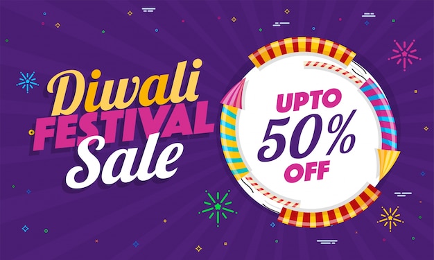 Płaski 50% Banner Sprzedaży Diwali Festival.