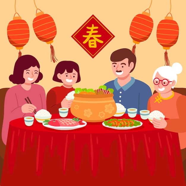 Płaski Chiński Nowy Rok Zjazdowy Ilustracja Jedzenie Obiad