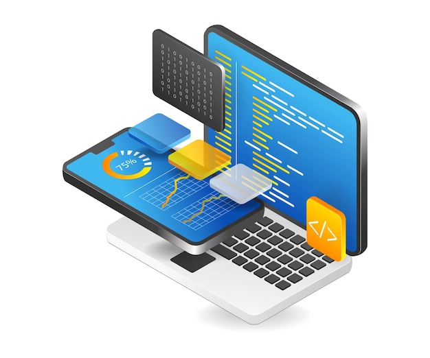 Płaski izometryczny 3d ilustracja smartfon analityk programista koncepcja aplikacji technologii