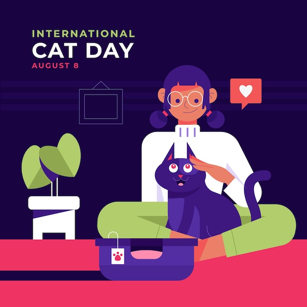 Plik wektorowy płaski międzynarodowy dzień kota ilustracja z kobietą pieszczącą kota