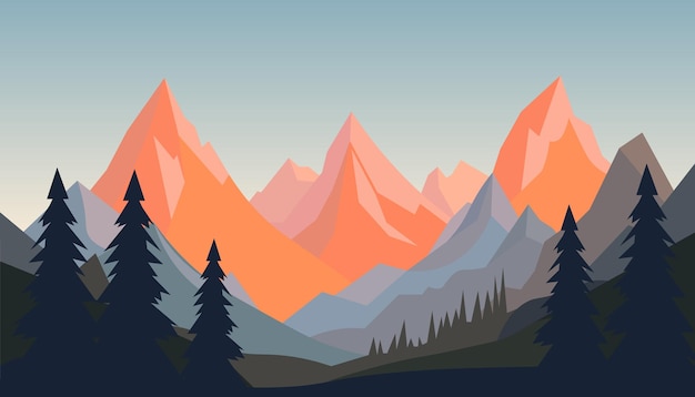 Płaski minimalistyczny design Panorama górskiego krajobrazu Łatwe do zmiany kolory