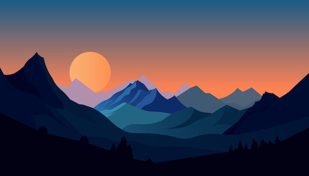 Płaski minimalistyczny design Panorama górskiego krajobrazu Łatwe do zmiany kolory