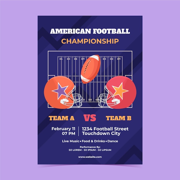 Plik wektorowy płaski pionowy szablon plakatów do mistrzostw amerykańskiego futbolu