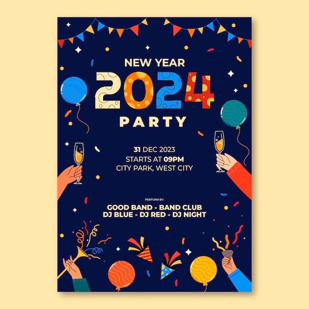 Plik wektorowy płaski pionowy szablon plakatu na świętowanie nowego roku 2024