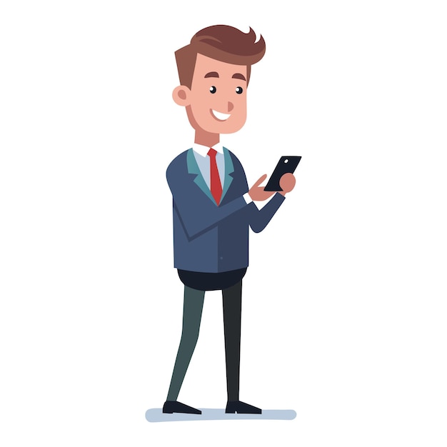 Płaski projekt postaci biznesmena w średnim wieku dotykającego telefonu ilustracja wektorowa