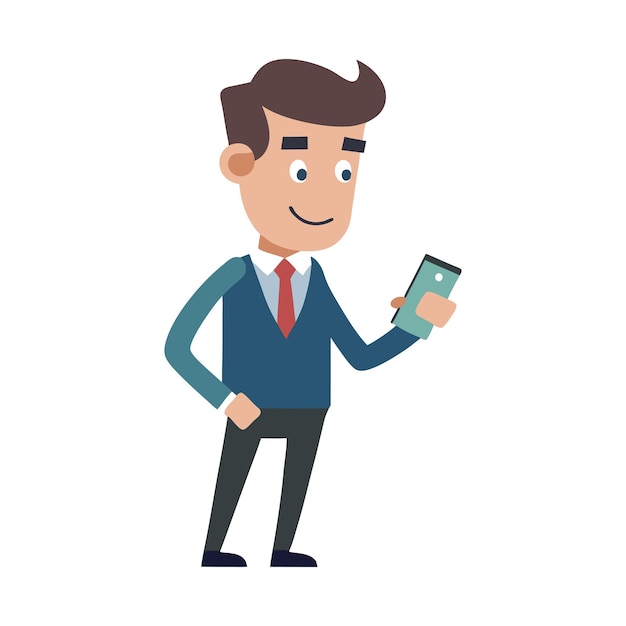 Płaski projekt postaci biznesmena w średnim wieku dotykającego telefonu ilustracja wektorowa