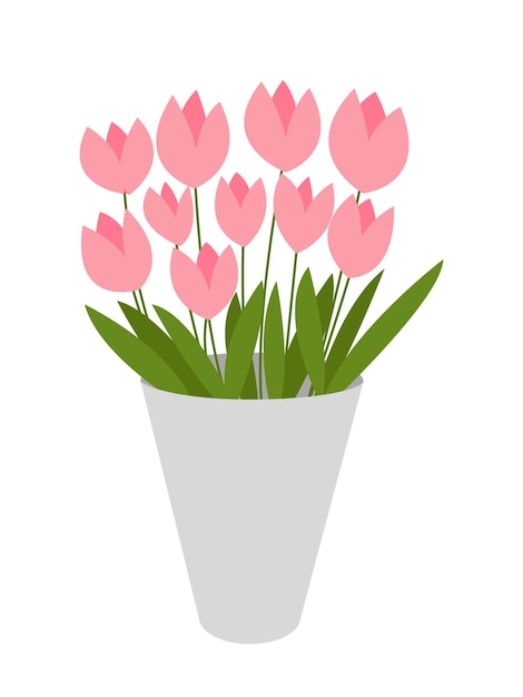Plik wektorowy płaski różowy bukiet tulipanów w ilustracji wektorowych wazon różowe tulipany w szarym wazonie na białym tle