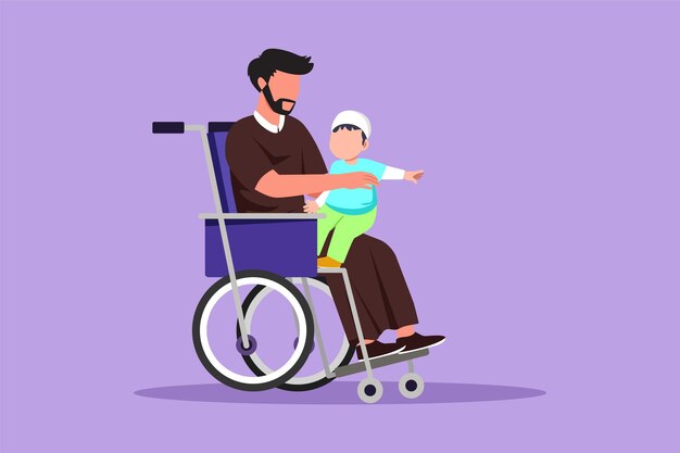 Płaski Rysunek Postaci Szczęśliwy Niepełnosprawny Ojciec Ze Swoim Dzieckiem Niepełnosprawność Arabski Mężczyzna Trzyma Dziecko W Ramieniu Koncepcja Miłości Rodzinnej Odpowiedzialność Niepełnosprawność Fizyczna Ilustracja Kreskówka Projekt Wektor