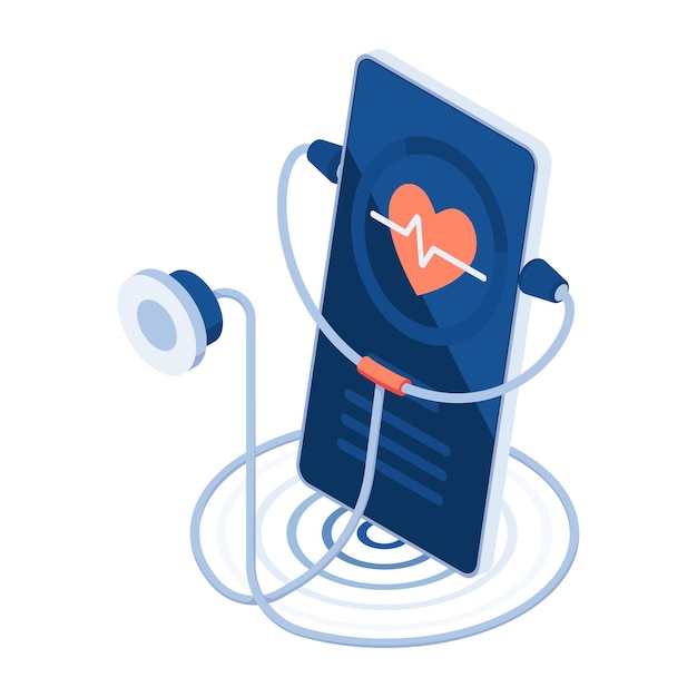 Płaski Stetoskop Izometryczny 3d Na Smartfonie Z Telemedycyną Pulsu Serca I Koncepcją Usługi Konsultacji Medycznych Online