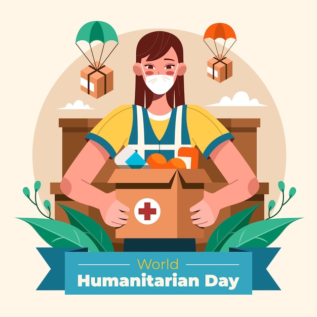 Płaski światowy Dzień Humanitarny Ilustracja Z Osobą Trzymającą Pudełko Na Pomoc