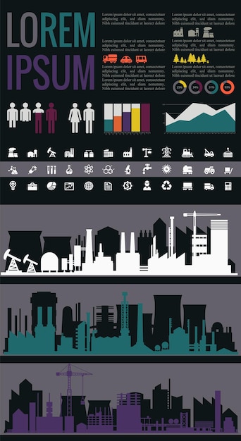 Płaski Szablon Infografiki Miasta Przemysłowego Projektu Ui Z Kolekcją Elementów