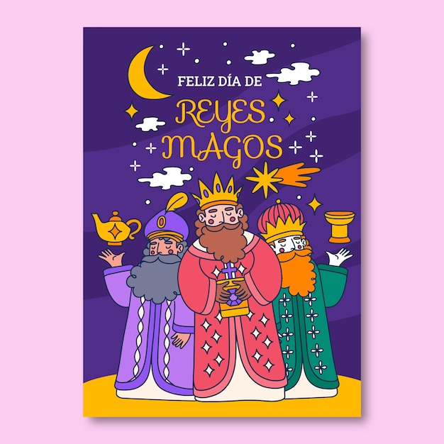 Plik wektorowy płaski szablon karty z pozdrowieniami reyes magos