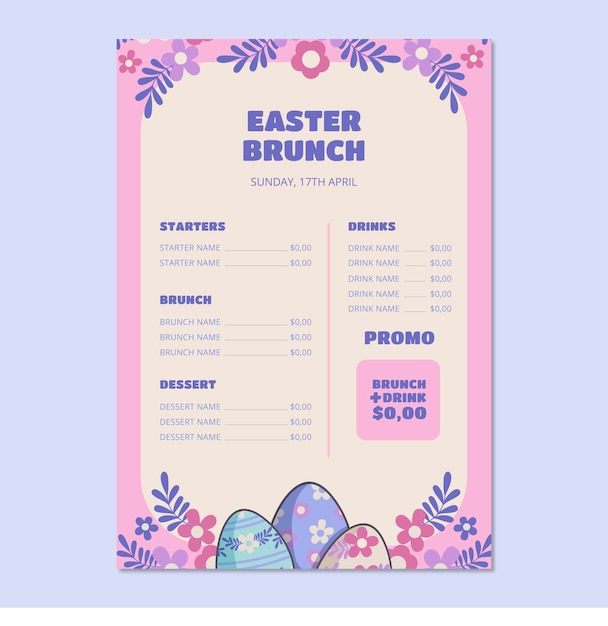 Płaski szablon menu wielkanocnego brunch