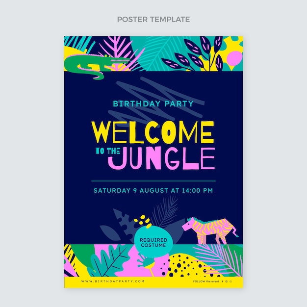 Plik wektorowy płaski szablon pionowego plakatu urodzinowego w dżungli