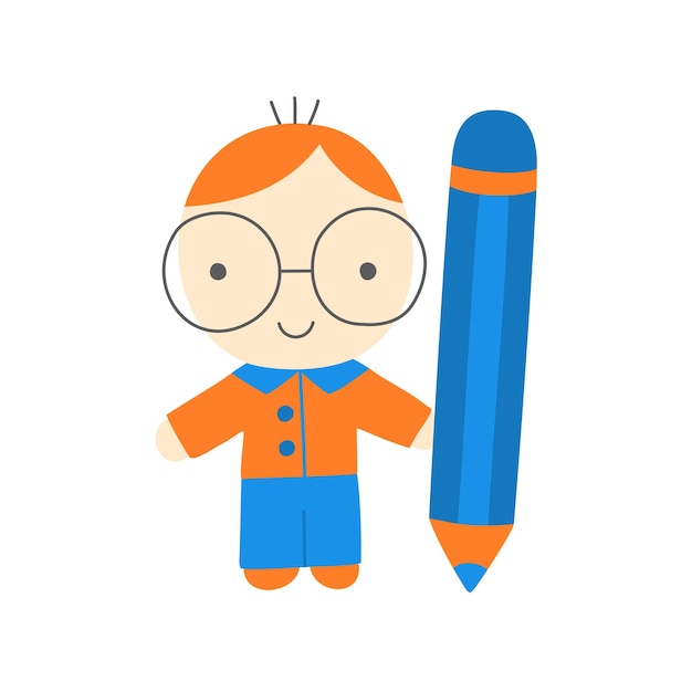 Płaski wektor kreskówka uczeń chłopiec postać w okularach trzymający duży ołówek Powrót do szkoły