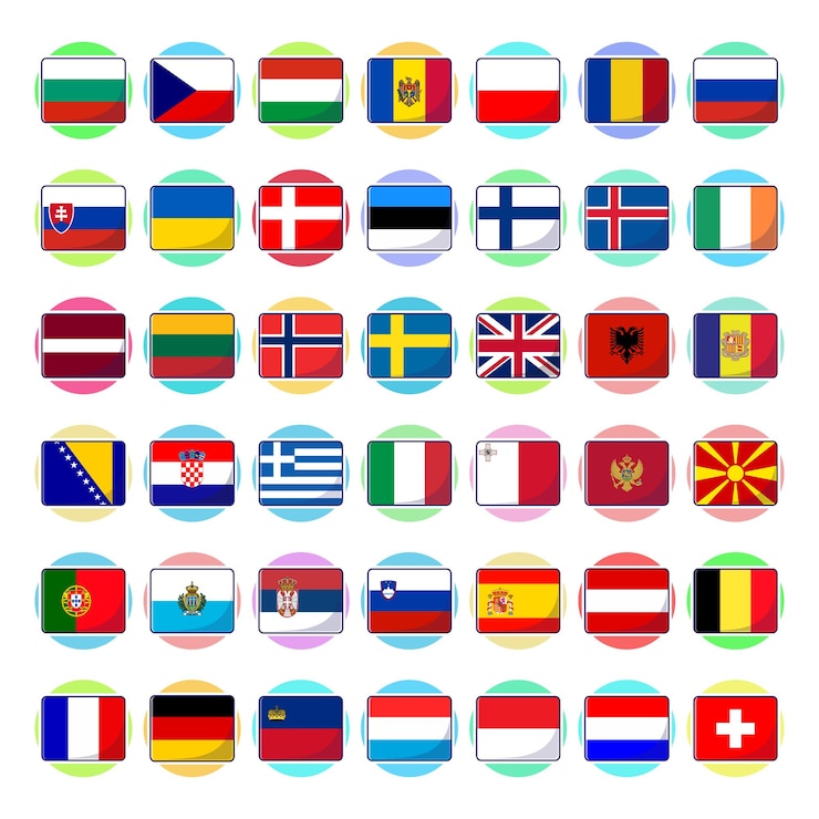 Wektor płaski wektor kreskówki flag krajów kontynentu europy