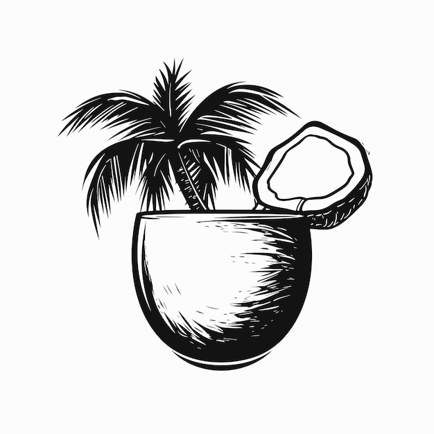 Płaski Wektor Minimalistycznej Czarno-białej Ilustracji Drzewa Kokosowego Na Tle Czystego Nieba