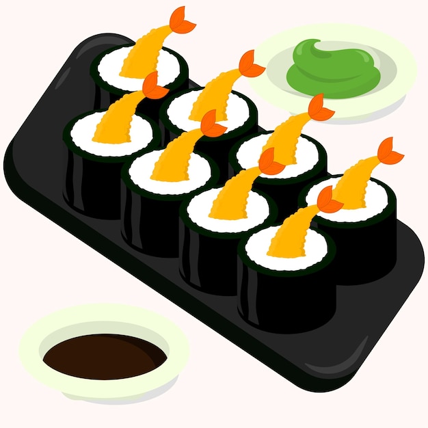 Płaski Wektor Projekt Ilustracja Japoński Zestaw Rolek Sushi Z Krewetkami. Odosobnione Azjatyckie Jedzenie