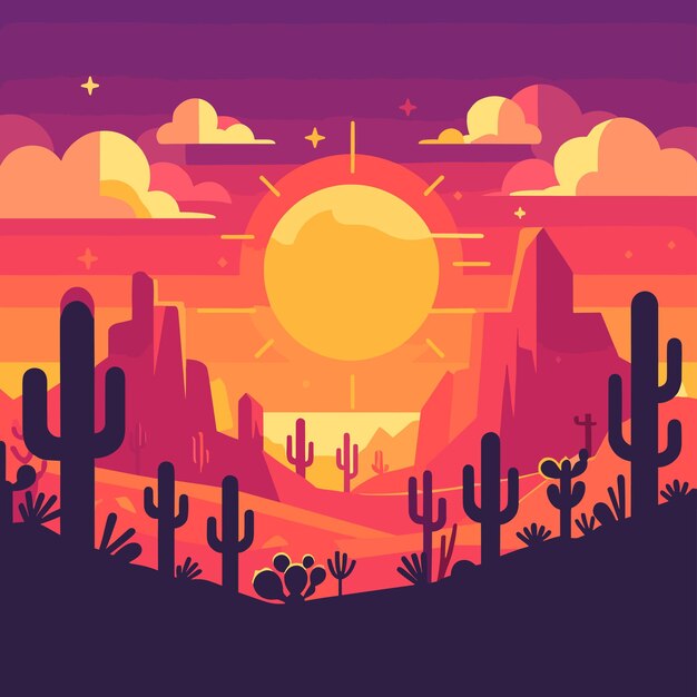 Plik wektorowy płaski wektor pustynny sylwetka zachodu słońca krajobraz tło kreskówki z dzikimi kaktusami kanion góry