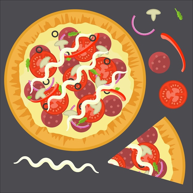 Płaski Wektor Pyszna Kolorowa Pełna Pizza Z Plasterkiem Trójkąta I Składnikami Pieczarki Salami Paprykę Pomidorową