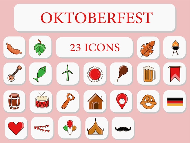 Płaski zestaw ikon obchodów Oktoberfest na różowym tle kwadratowym