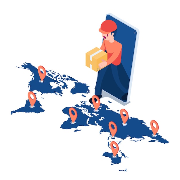 Płaskie 3d Izometryczny Dostawy Człowiek Wyszedł Ze Smartfona Dostarczając Pakiet Produktów Z Mapą świata. Usługa Ekspresowej Dostawy Online I Koncepcja Wysyłki Na Cały świat.