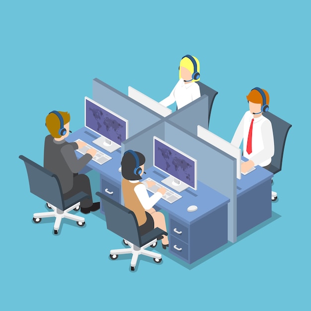 Płaskie 3d izometryczny ludzi biznesu pracujących z zestawem słuchawkowym w call center i usługi. Obsługa klienta i koncepcja pomocy technicznej.