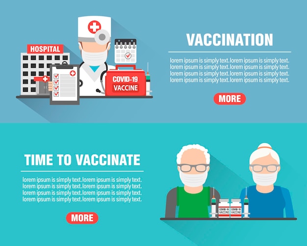 Płaskie Banery Medyczne Z Ikoną Szpitala I Lekarza Szczepienie Koronawirus Covid19