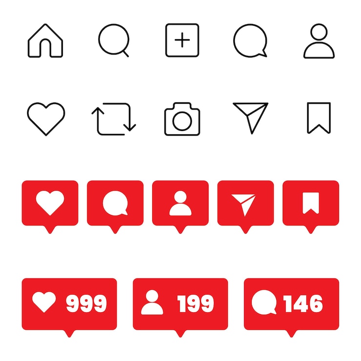 Wektor płaskie ikony instagrama i ikony powiadomienia