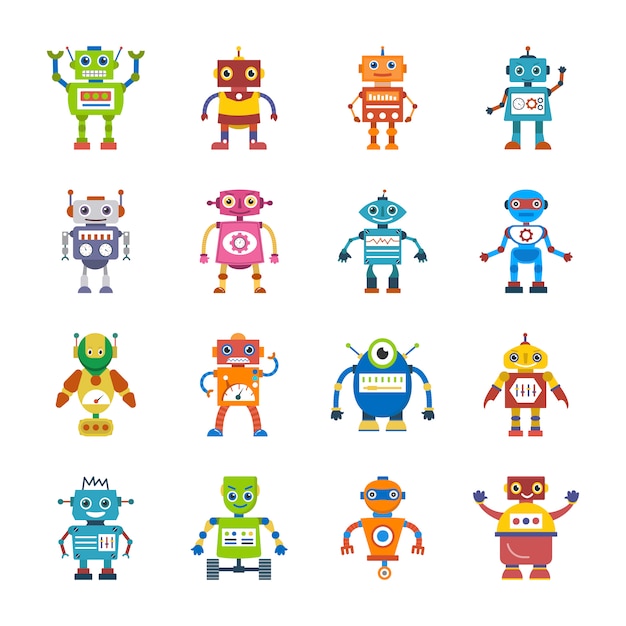 Płaskie ikony postaci robota