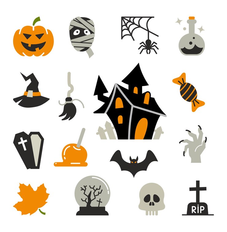Wektor płaskie ikony z tradycyjnymi symbolami halloween ikony wektorowe