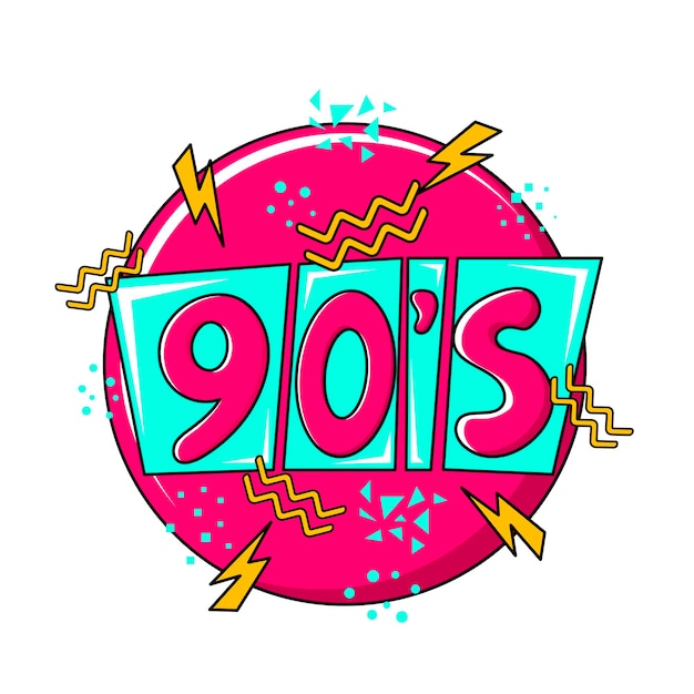 Płaskie Ilustracji Wektorowych Z Lat 90-tych Etykieta Logo Numer Retro Symbol W Stylu Pop-art Z Błyskawicą I Elementami Geometrycznymi Projektu