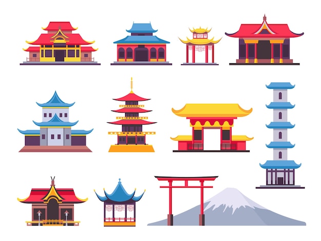Płaskie Japońskie Budynki, Starożytna Pagoda I Punkt Kulturowy. Azjatyckie Górskie Fuji. Chińskie Wieże, świątynie I Tradycyjny Zestaw Wektorów Domów