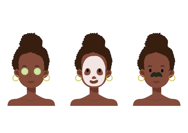 Płaskie Kreskówka Ilustracja Afroamerykanka Kobieta Z Maską Na Twarz, Plastry Na Nos, Ogórek Do Pielęgnacji Skóry.