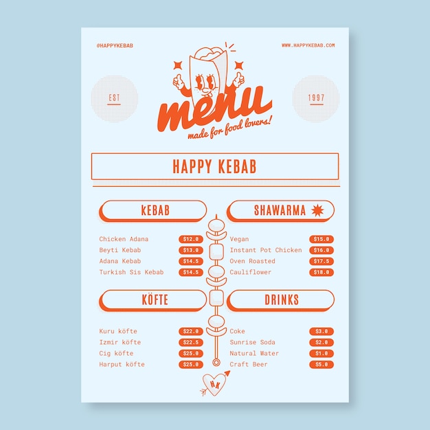 Płaskie menu restauracji kebab