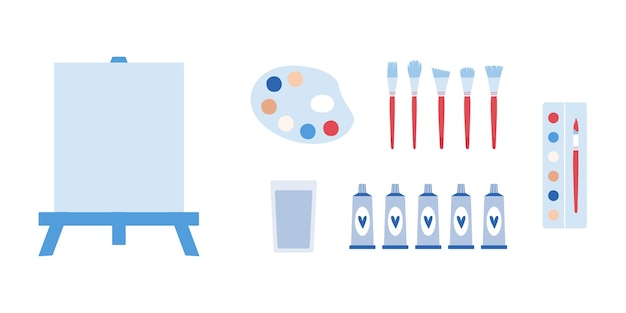 Plik wektorowy płaskie narzędzia do malowania wektorów w dziecinnym stylu ręcznie rysowane materiały malarskie pędzel palmowy gwasz akrylowy paleta sztalugi