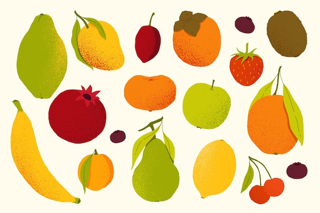 Płaskie owoce kreskówkowe kolorowe letnie jagody organiczne jabłko banan wiśnia mango cytrus świeże egzotyczne owoce koncepcja odżywiania zestaw izolowany wektorowy