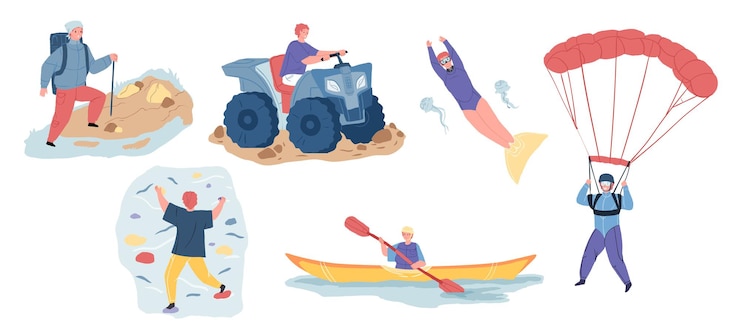 Wektor płaskie postaci z kreskówek zaangażowanych w zajęcia na świeżym powietrzu, koncepcja ilustracji wektorowych