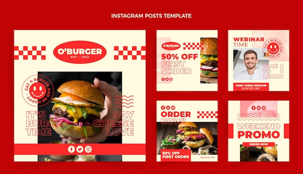 Plik wektorowy płaskie posty na instagramie z burgerami